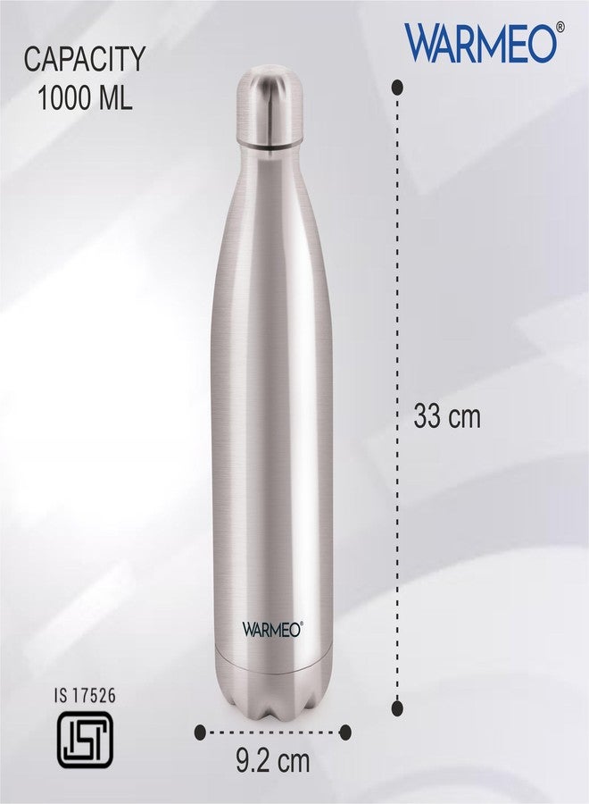 WARMEO زجاجة مياه WARMEO Oscar 1000 مصنوعة من الفولاذ المقاوم للصدأ 304 عالي الجودة، سعة 1 لتر، تحافظ على الماء ساخنًا وباردًا لمدة 24 ساعة، غطاء مانع للتسرب، معتمدة من ISI، معزولة بتفريغ الهواء، مناسبة للمكاتب والصالات الرياضية والمدارس، لون فضي - Image 3